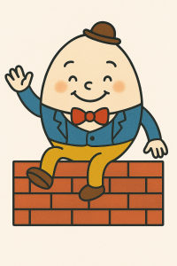 humpty dumpty cartoon sat on a wall waving smiling